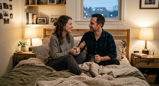 A couple in bed looking at an array of sex toys