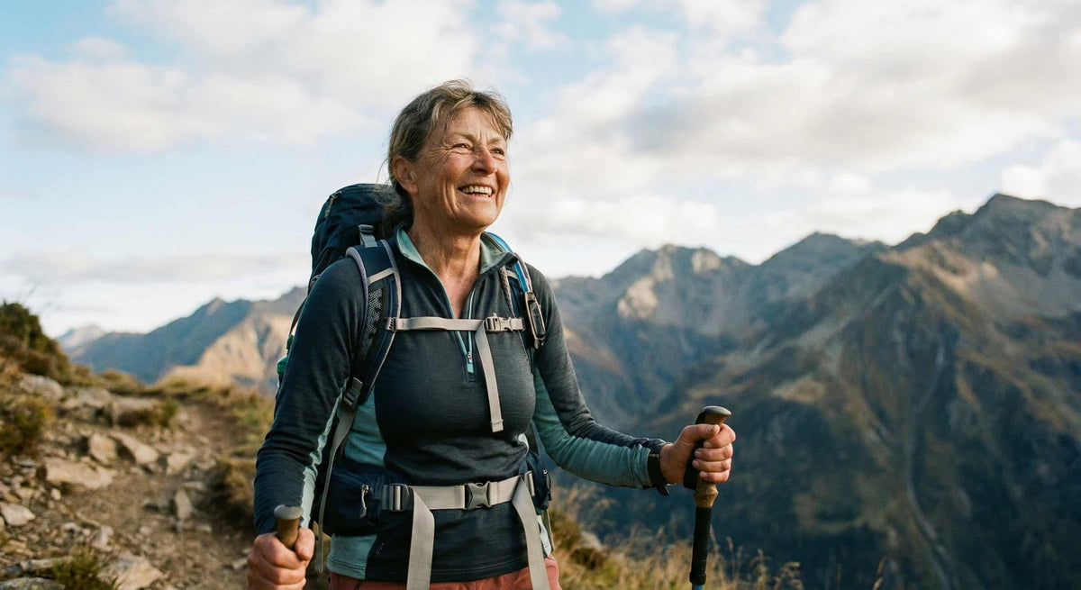 An older woman (60s+) hiking on a scenic trail with mountains in the background.