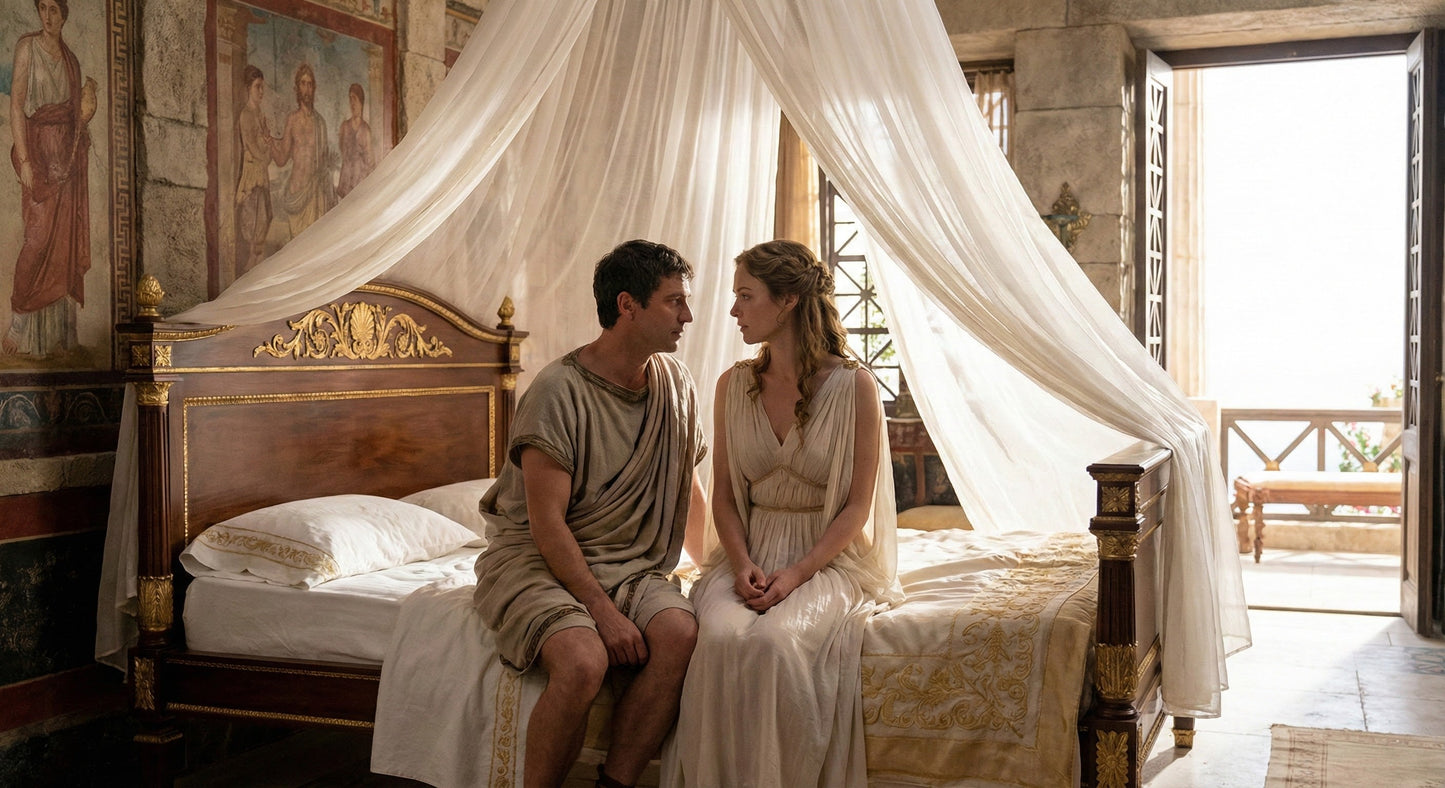 an ancient greek man and woman sitting on a wooden bed with a white linen canopy draped from the ceiling 