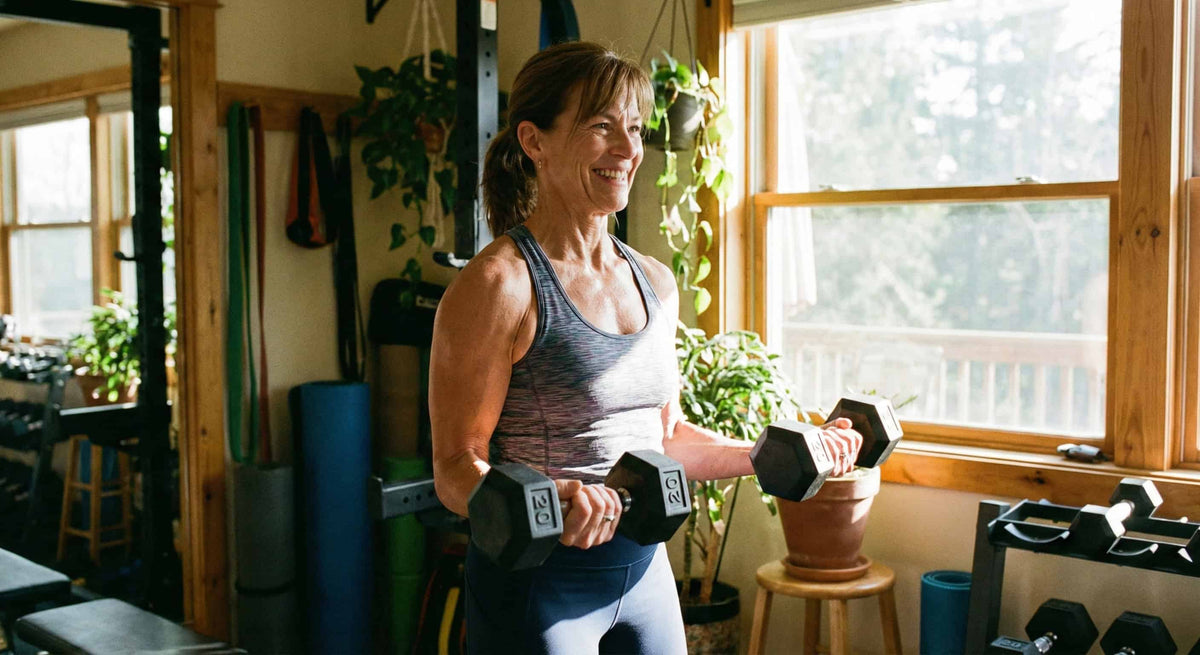 a woman in her late 50s with defined muscles, smiling as she lifts a pair of moderate-weight dumbbells in a sunlit home gym