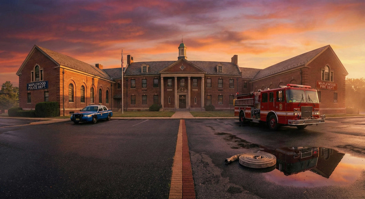 a view of mapleton fire and police station at sunset