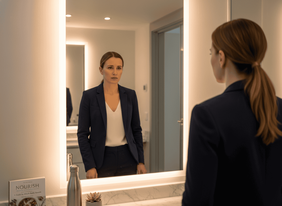 A woman in a bathroom looking in a mirror questioning herself