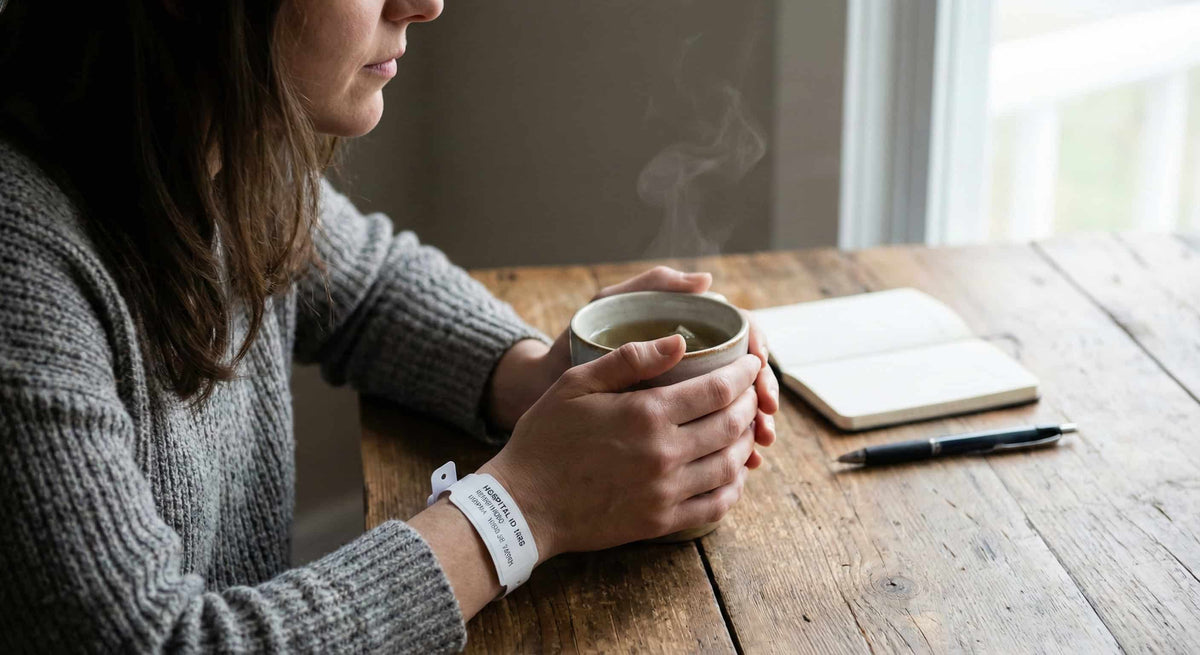 a woman holding a coffee cup with a hospital band on her right arm sitting at a table