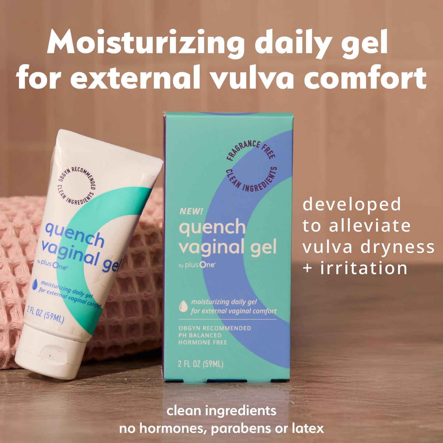 Quench vaginal gel packaging with text on a wooden surface
