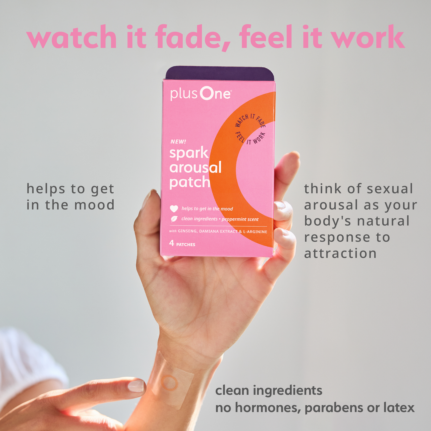 
                  
                    Hand holding a pink arousal patch packaging with text about its effects and ingredients.
                  
                