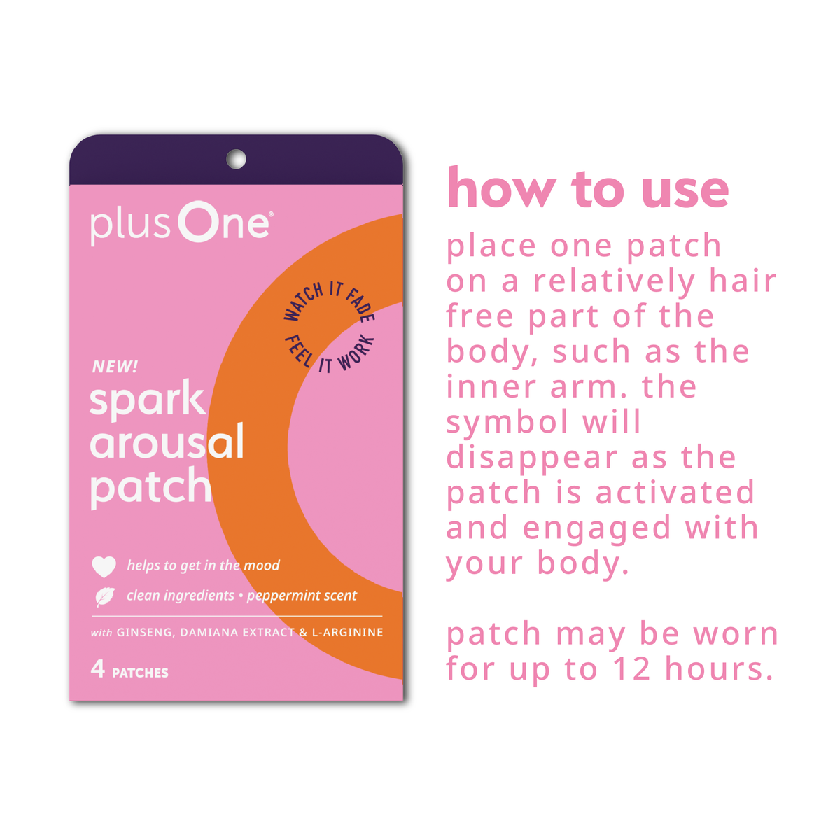 Pink packaging of a 'spark arousal patch' with text on how to use it.