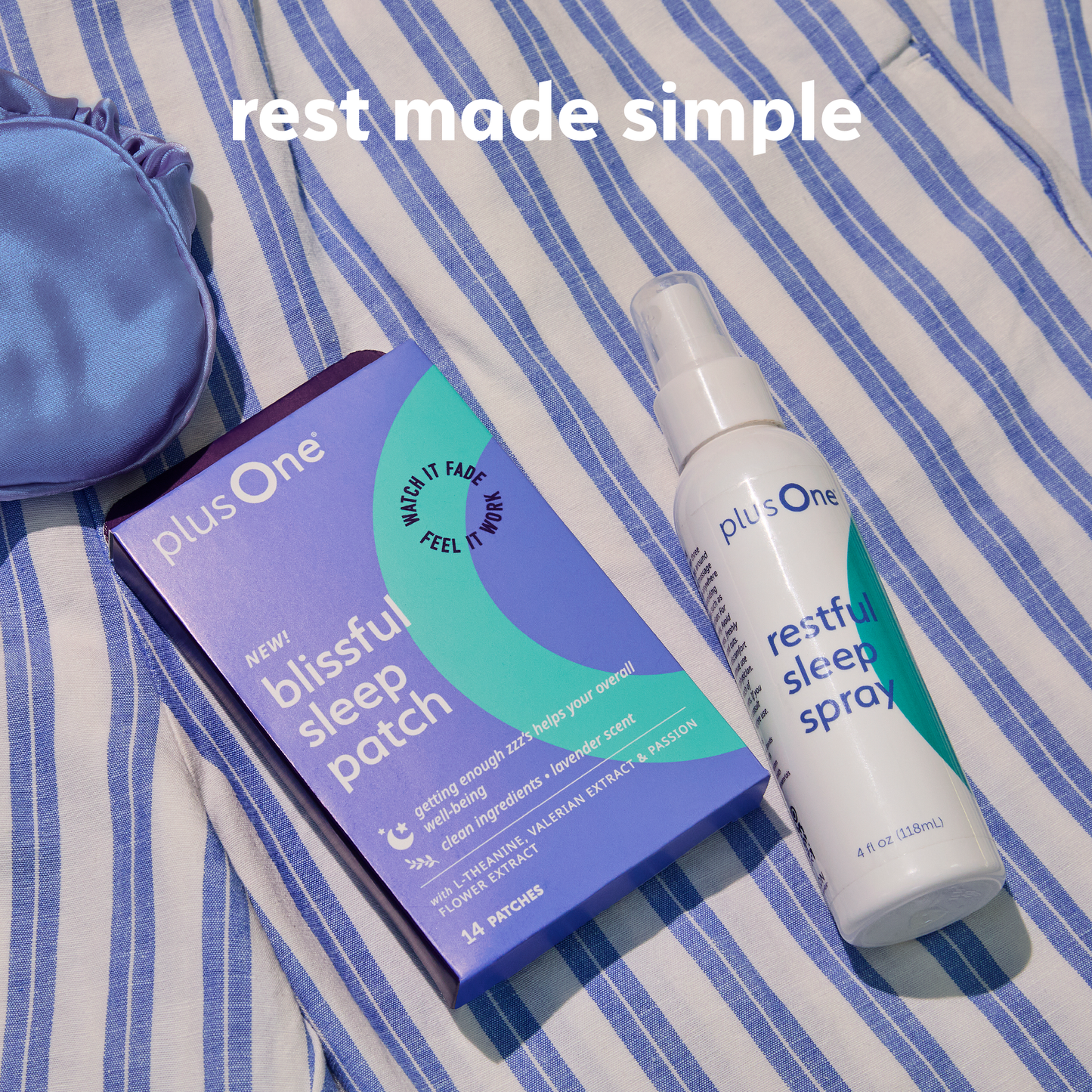 
                  
                    Plus One sleep patch and spray on a striped fabric background with 'rest made simple' text.
                  
                
