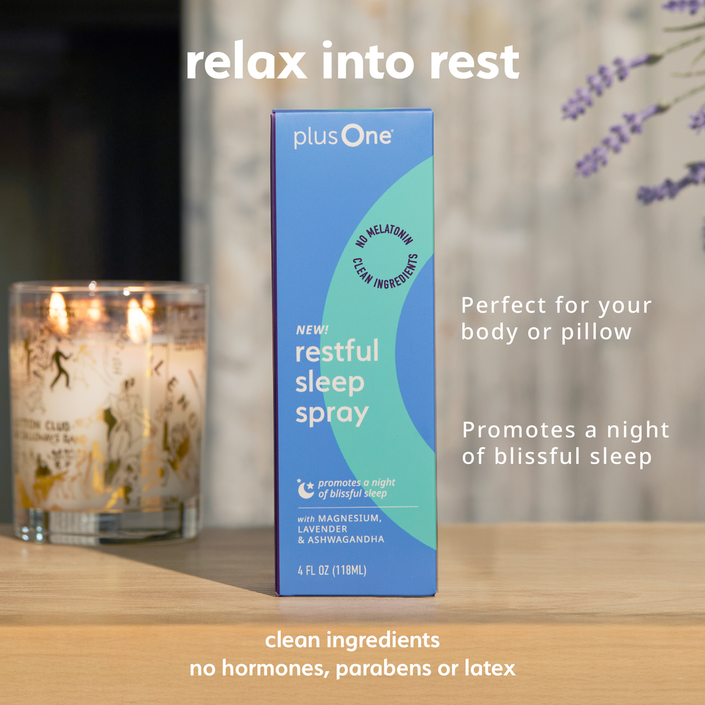 
                  
                    plusOne restful sleep spray packaging on a wooden surface with a candle and blurred background
                  
                
