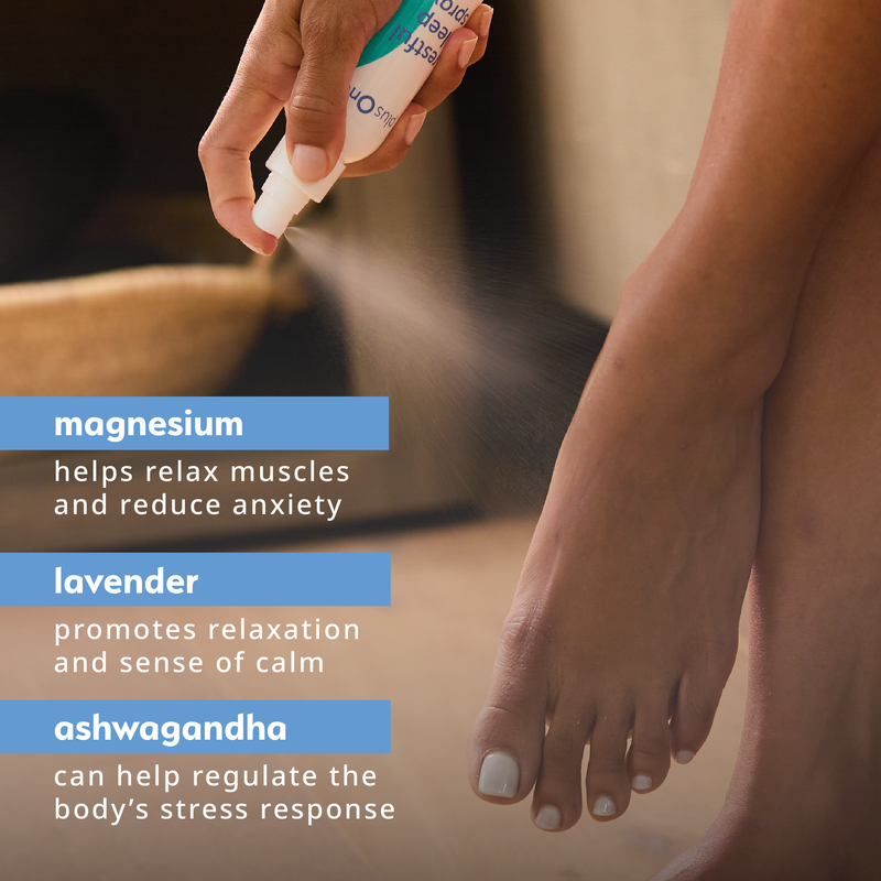 Person applying a magnesium spray to their foot with text about its benefits.