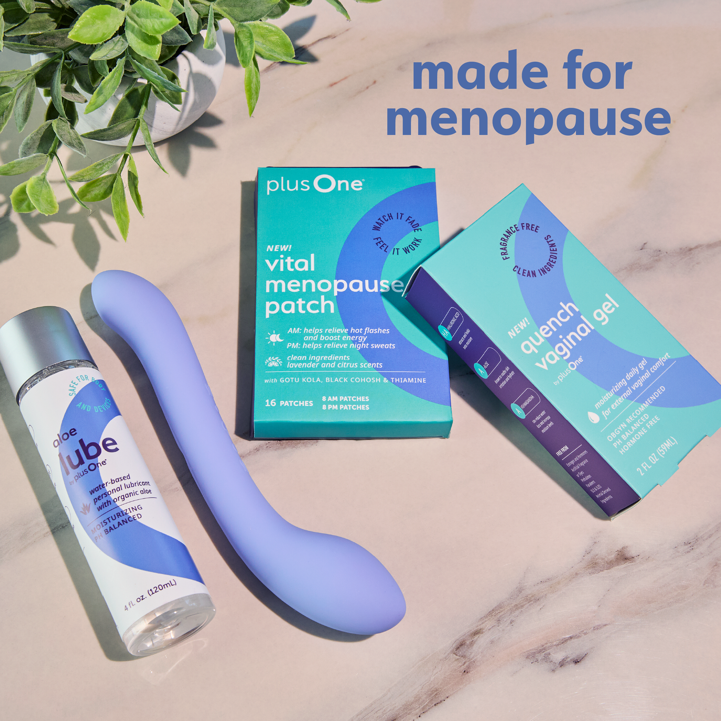 
                  
                    Menopause care products including a patch, gel, and spray on a marble surface with a plant.
                  
                