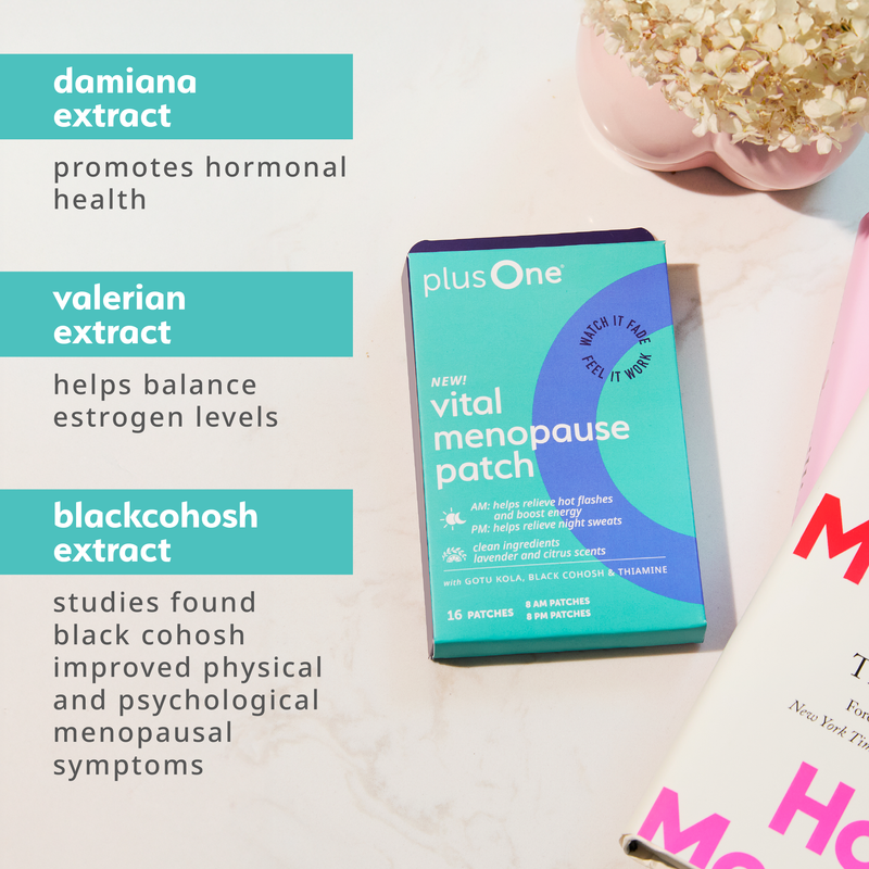 Vital menopause patch packaging with ingredients listed on a light background