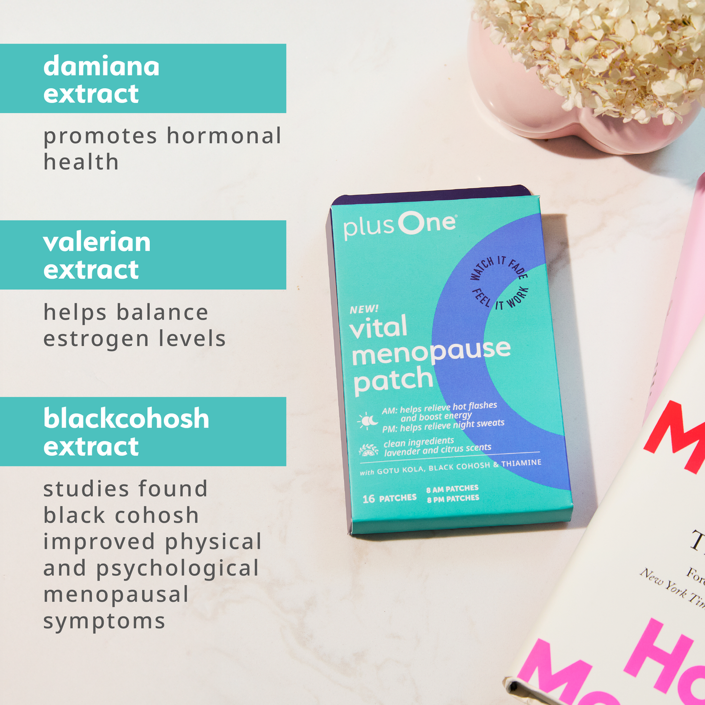 
                  
                    Vital menopause patch packaging with ingredients listed on a light background
                  
                