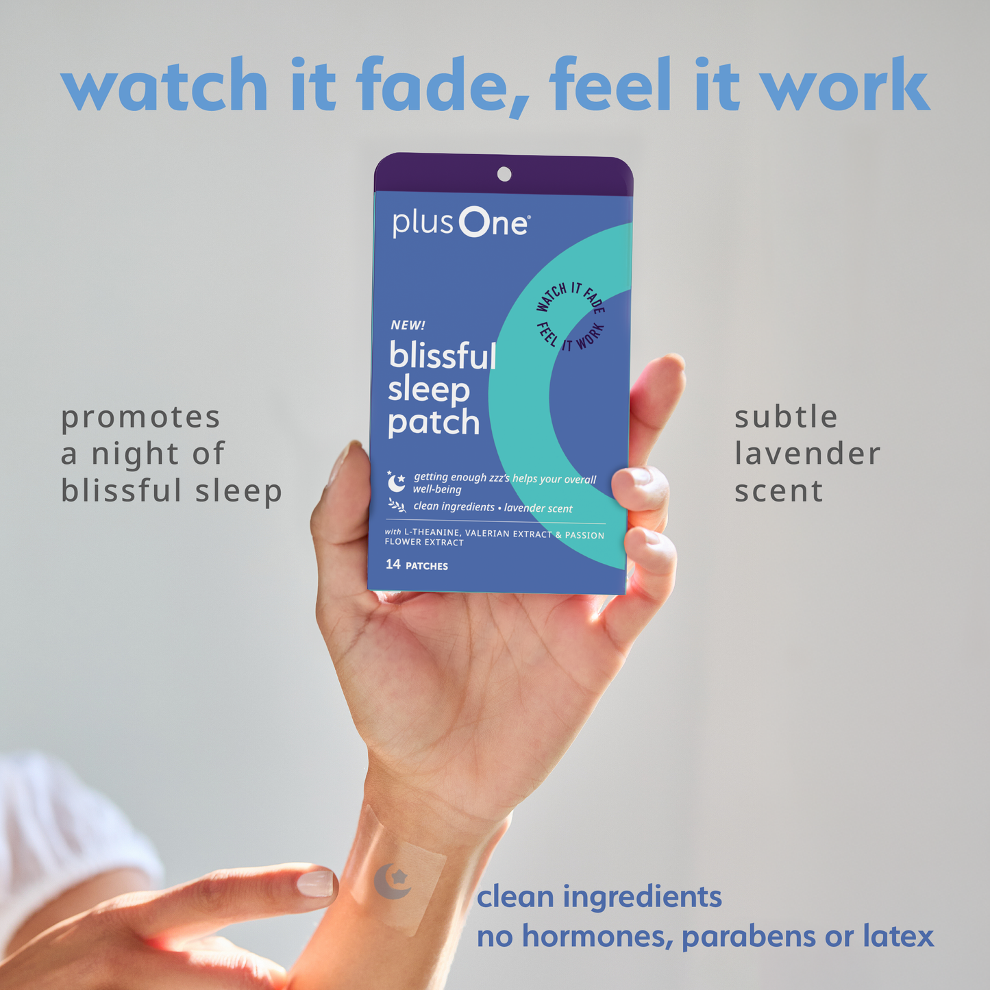 Hand holding a blue sleep patch packaging with text about its benefits on a gray background
