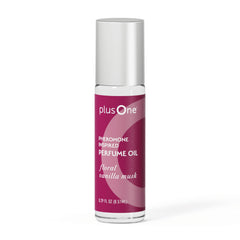 PlusOne perfume oil bottle with pink label on a white background