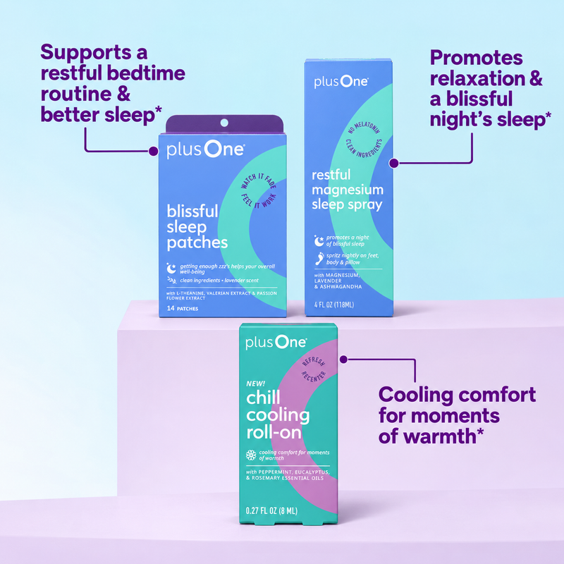 Three plusOne wellness products displayed on pastel display blocks against a light blue gradient background: Blissful Sleep Patches, Restful Magnesium Sleep Spray, and a Chill Cooling Roll-On. Purple callout text with arrows explains benefits for each product.