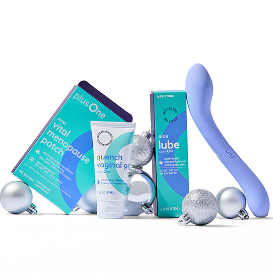 Collection of PlusOne menopause and lubrication products with decorative ornaments on a white background